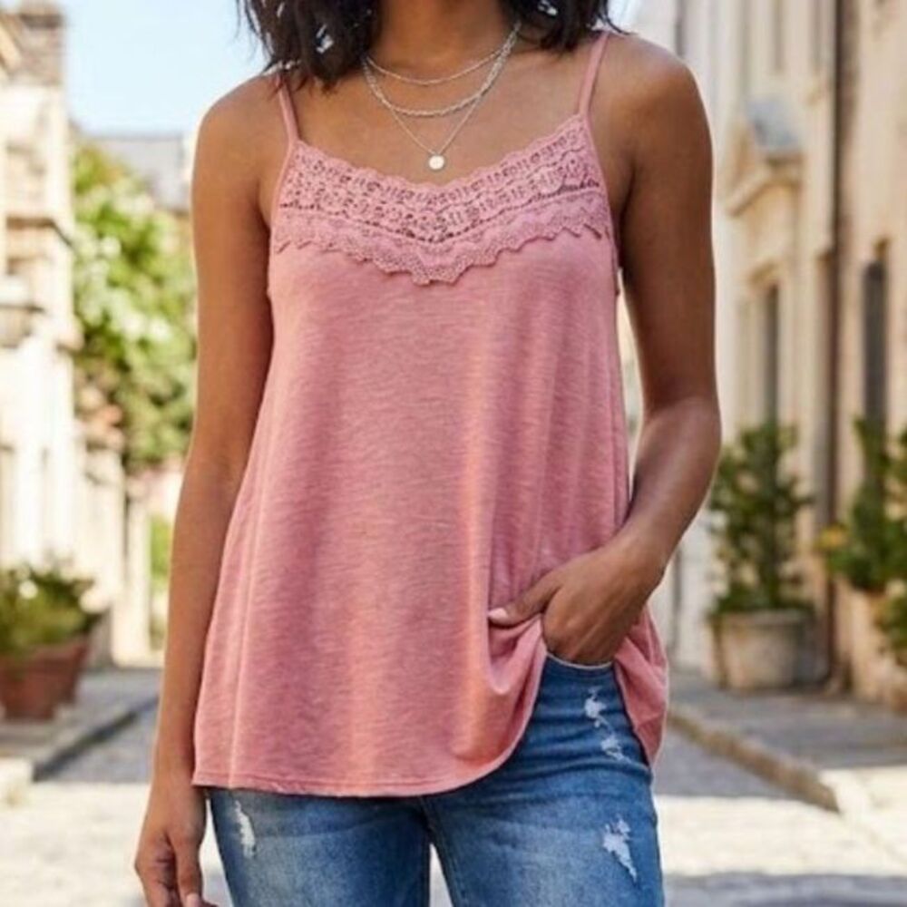 Vtg Y2K Cami Top Wn M Pink Babydoll Bella Swan Crochet Coquette Flowy Tank Rue21